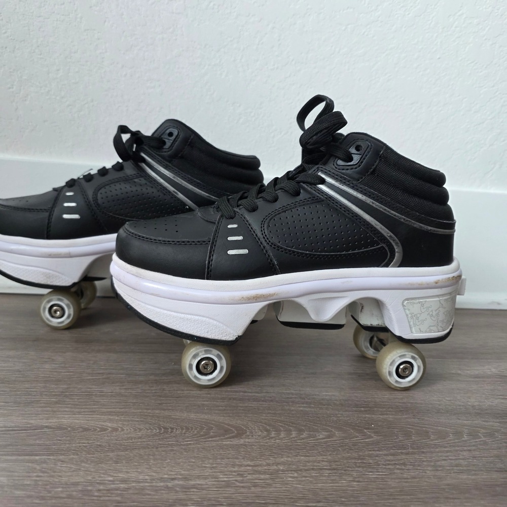 Retractable Roller Skate Shoes Kids LED Light Up USB Black White US 6 EU 38